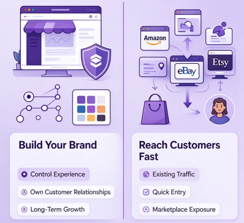 Online store goal comparison illustration, choose between long-term brand building site or fast customer reach marketplace