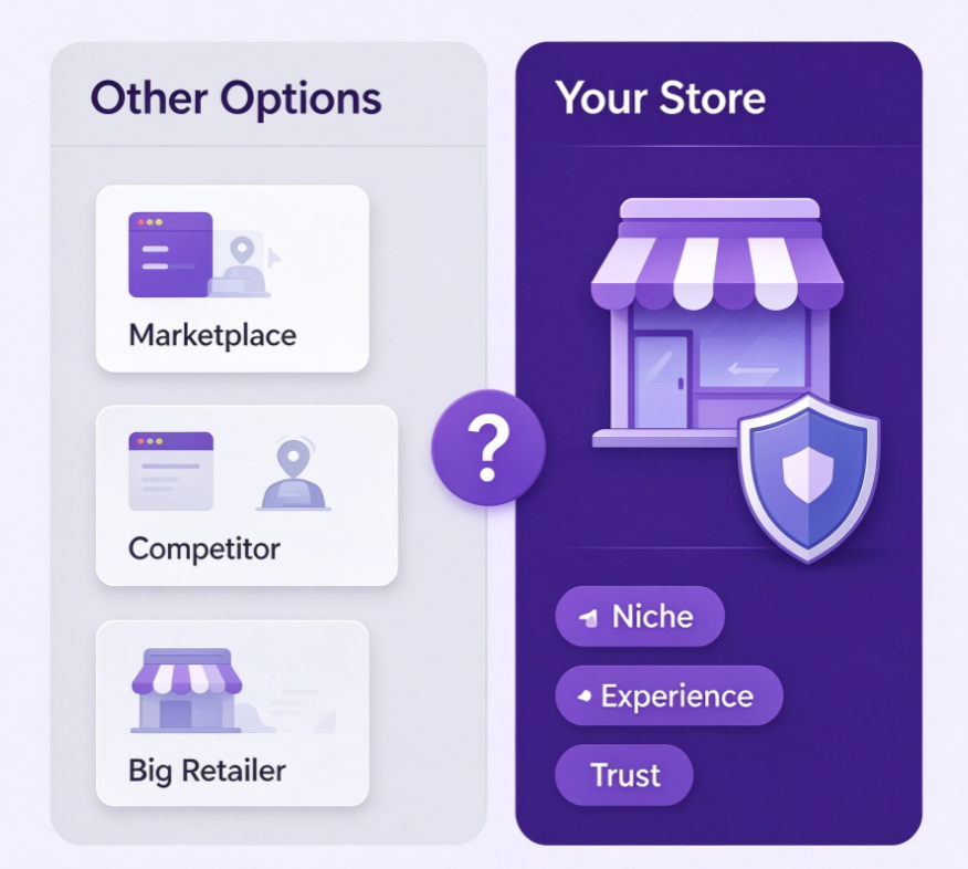 Side-by-side illustration comparing other shopping options including marketplaces, competitors and big retailers versus your own online store with niche, experience and trust advantages