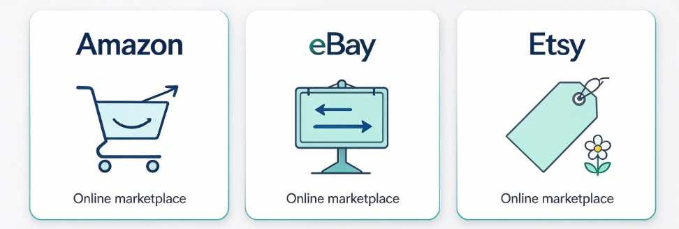 Minimal illustration of online marketplaces examples: Amazon, eBay and Etsy