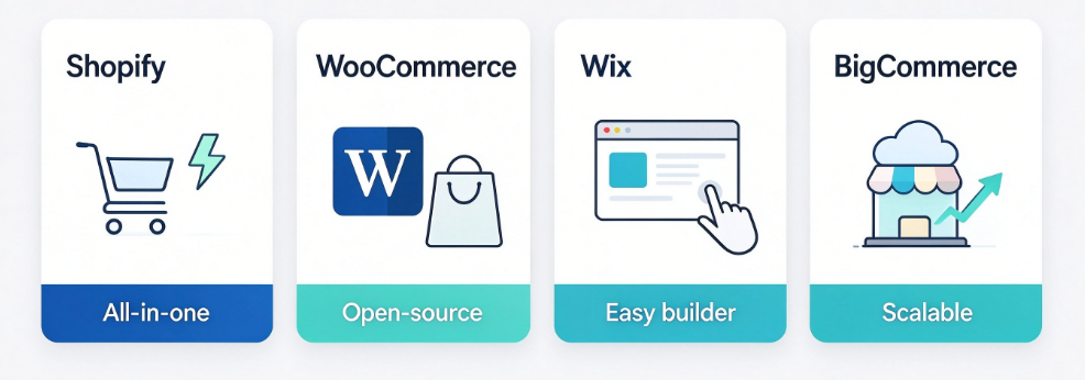 Minimal flat illustration of self-hosted ecommerce website platforms: Shopify, WooCommerce, Wix, BigCommerce