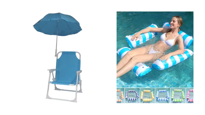 beach chairs and inflatable pool floats