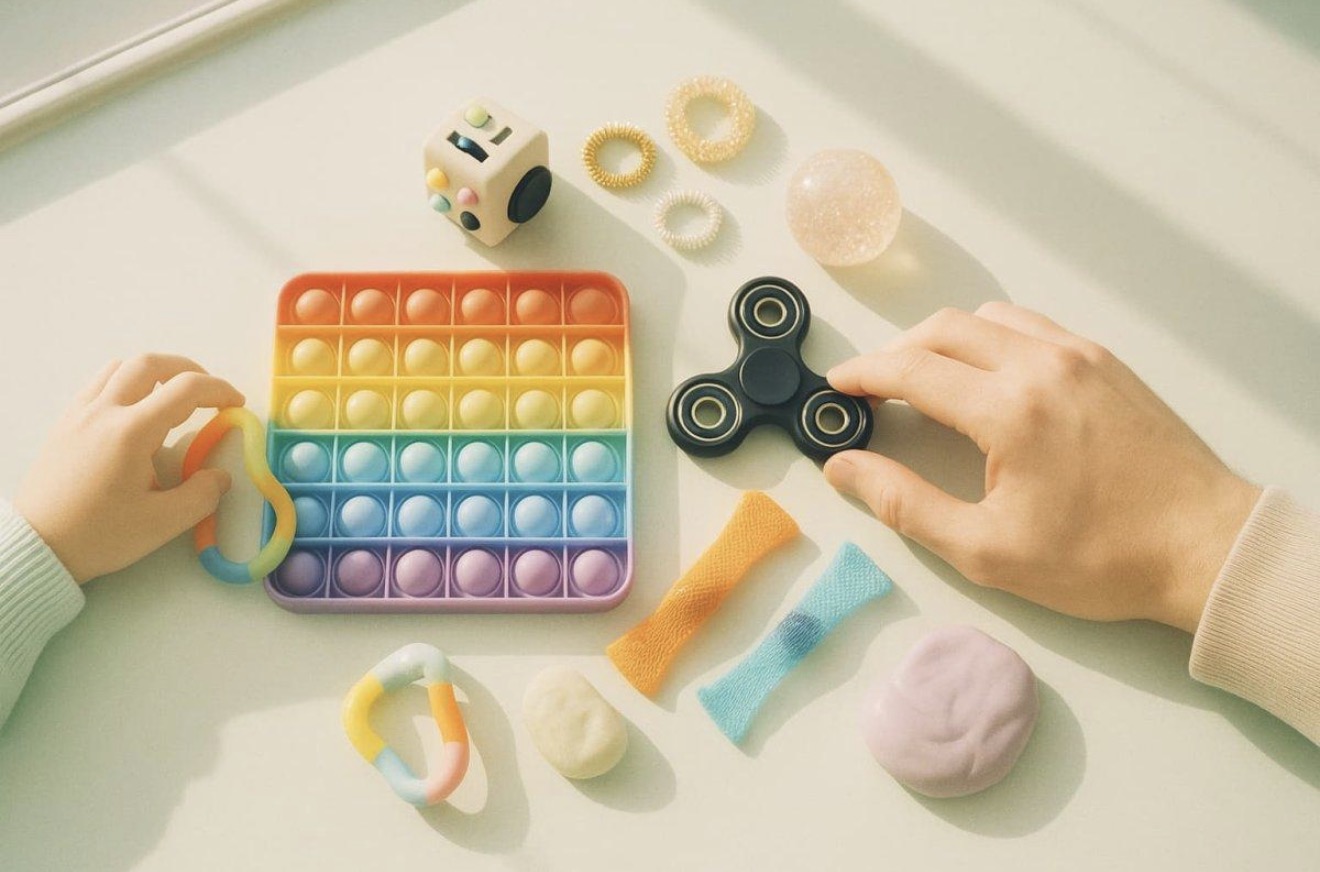 fidget toys variety flat lay on table