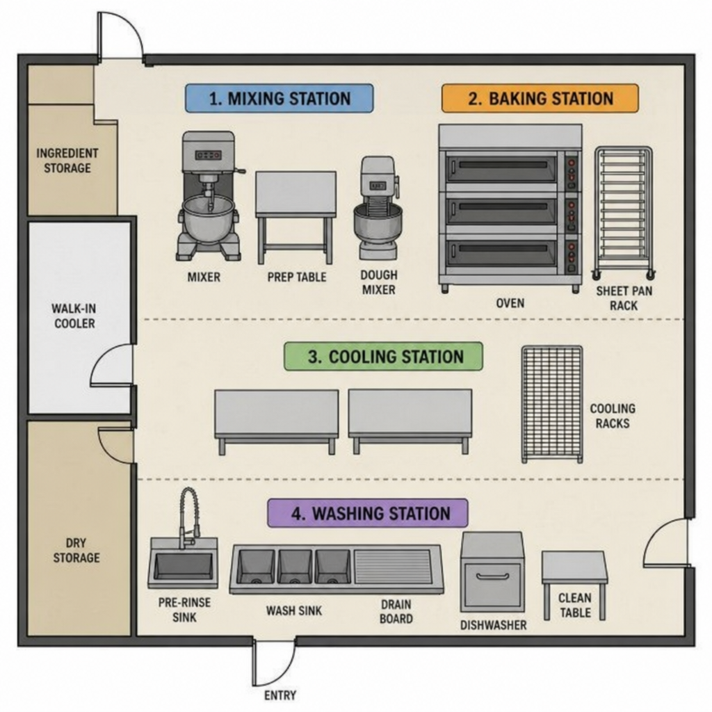 Bakery-floor-plan-showing-mixing-baking-cooling-washing-stations