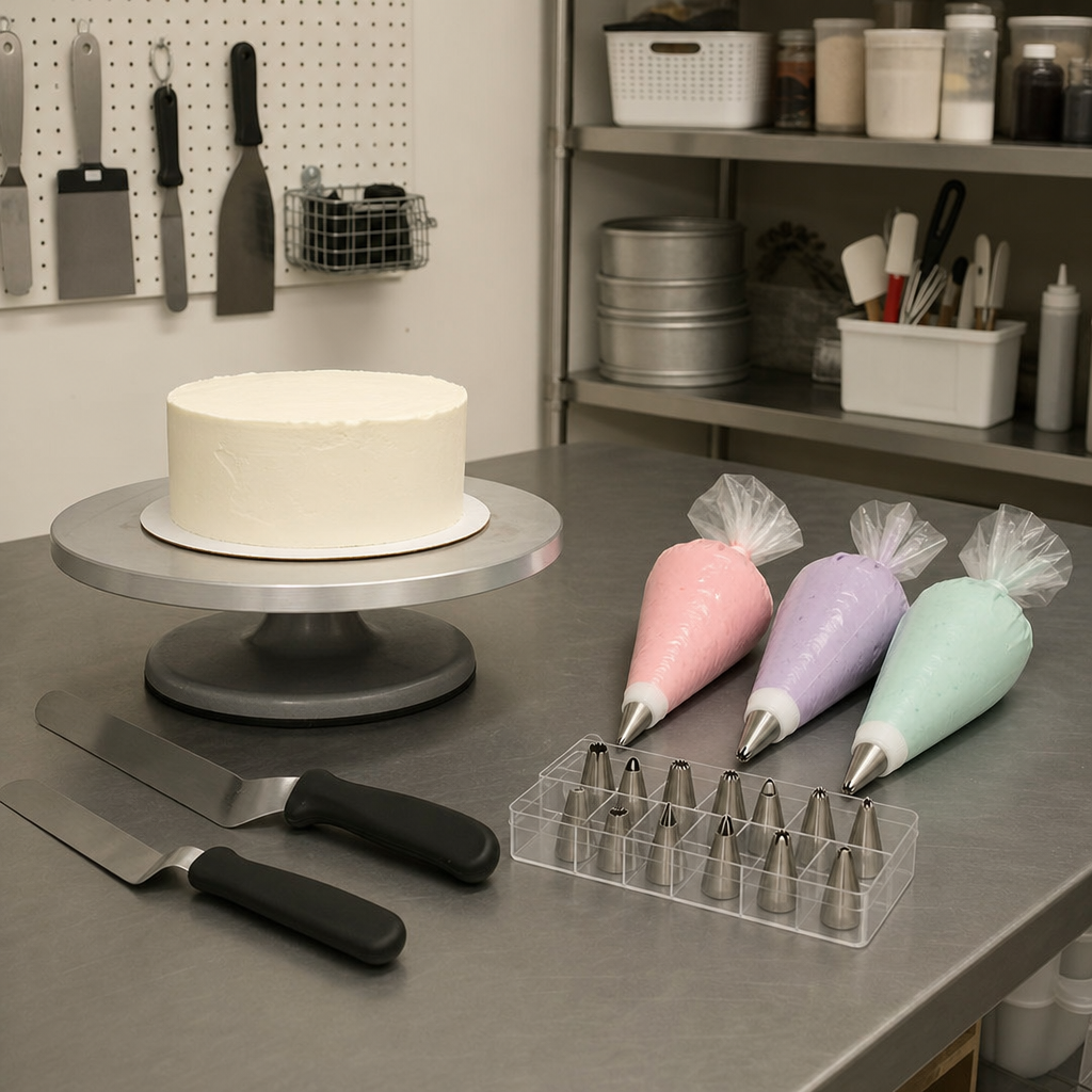 Cake-finishing-station-with-a-turntable-offset-spatulas-piping-bags-and-metal-tips