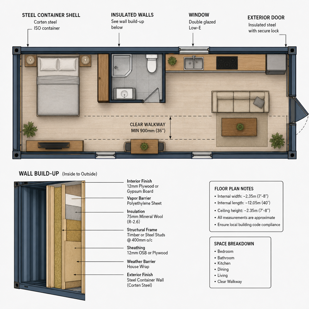 Container-home-floor-plan-showing-the-steel-shell-wall-build-ups-bathroom-furniture-and-clear-walkway