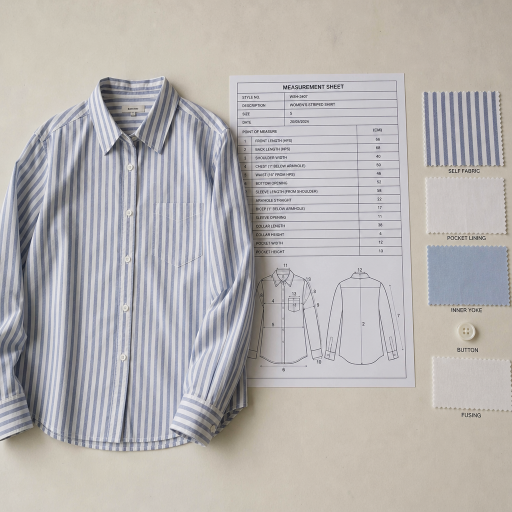 Garment sample beside a measurement sheet and labeled fabric swatches