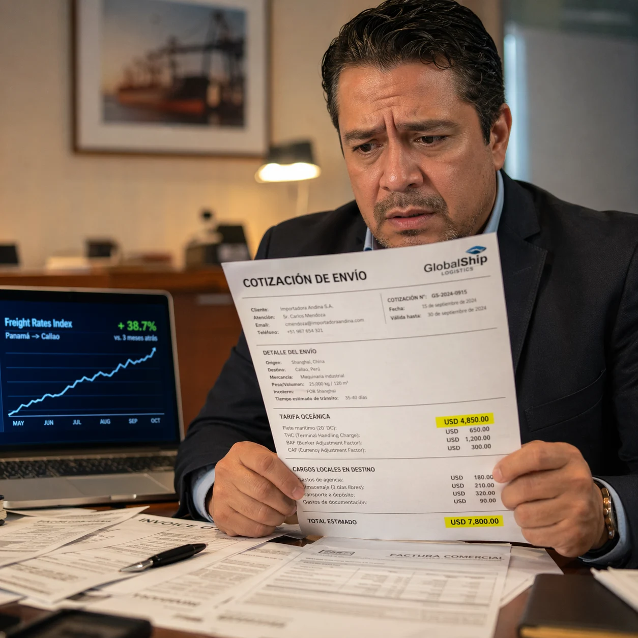 Importador latinoamericano revisando cotizaci&oacute;n de flete mar&iacute;timo con aumento de costos inesperado