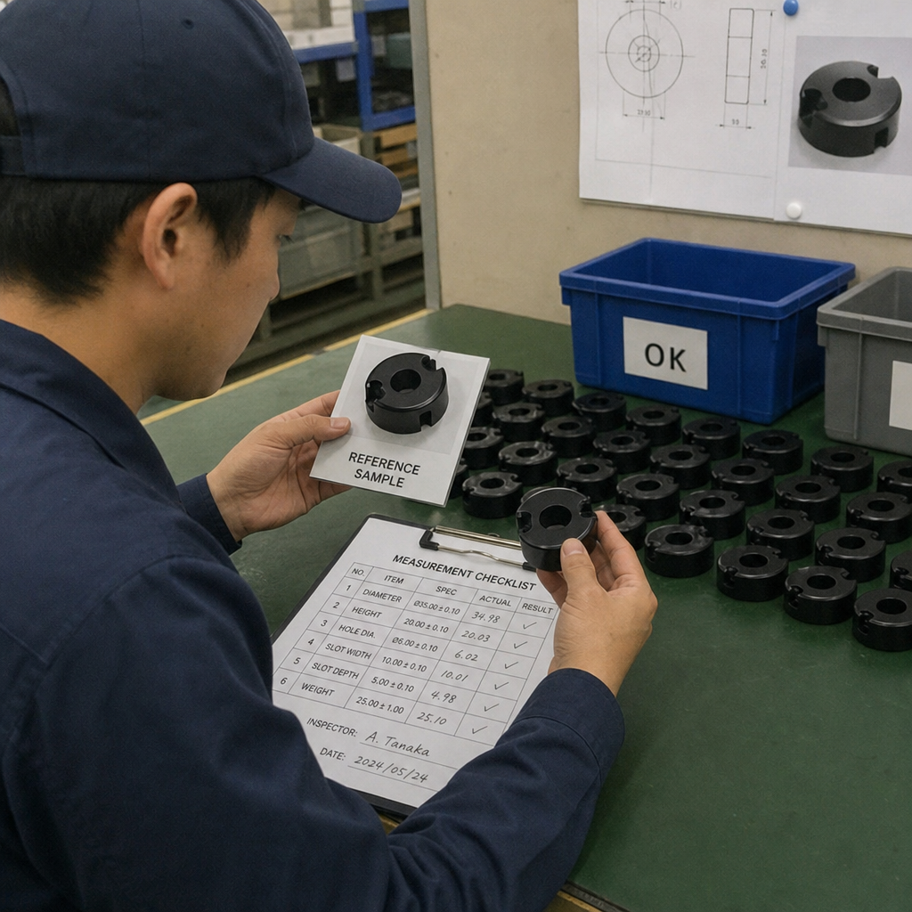 Inspector-comparing-finished-products-with-a-reference-sample-and-measurement-checklist