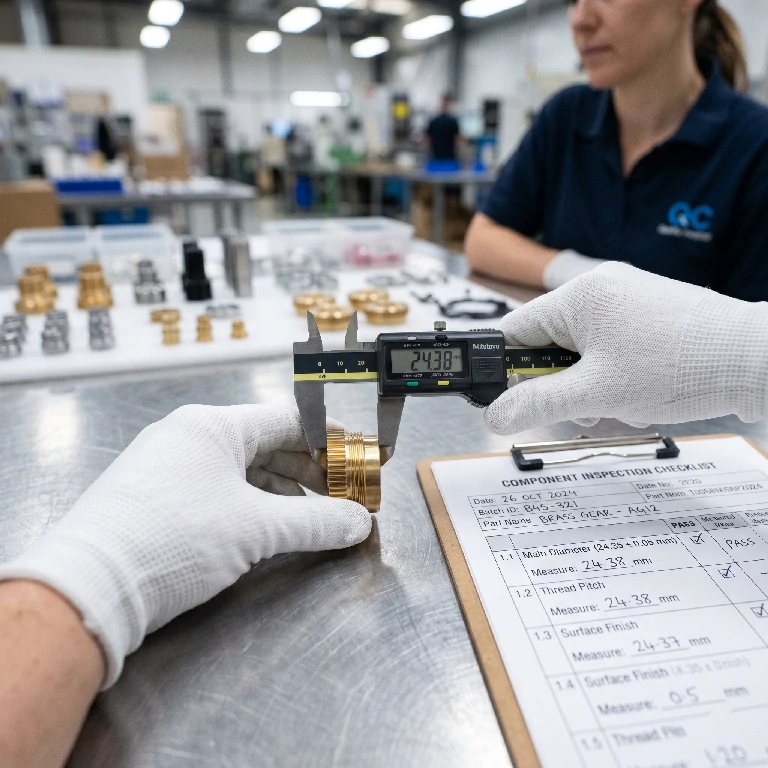 Quality control inspector checking product specifications during pre-shipment inspection at Chinese manufacturing facility