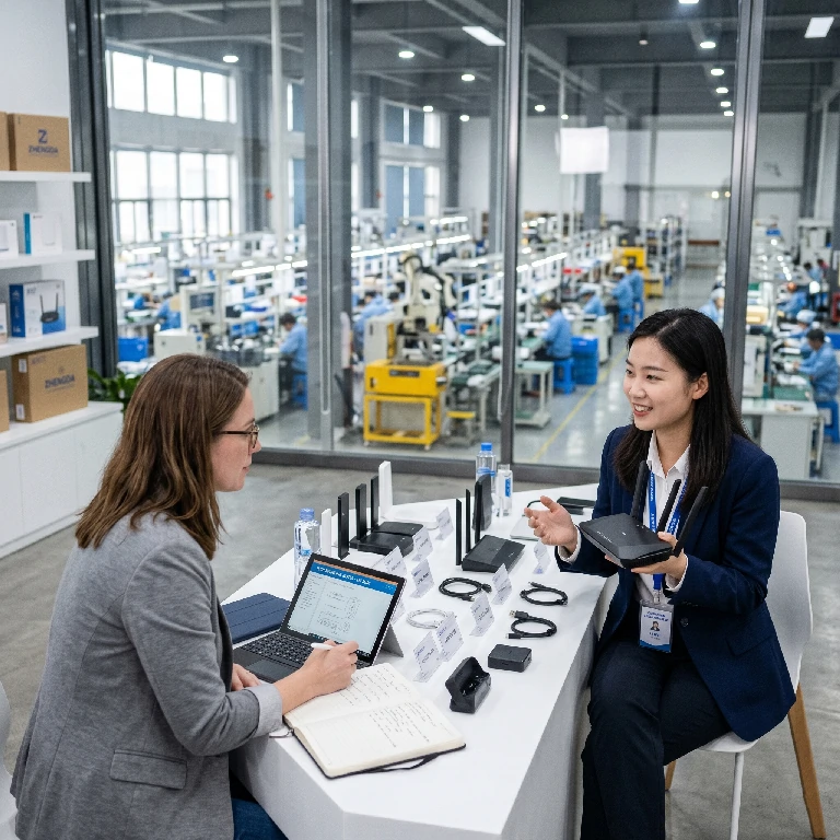 Sourcing agent conducting factory verification visit with international buyer inspecting product samples in Guangzhou