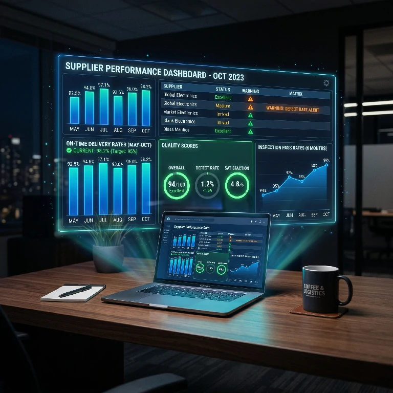 Supplier performance scorecard visualization — holographic data dashboard floating above desk showing delivery rates and quality metrics for Chinese supplier management