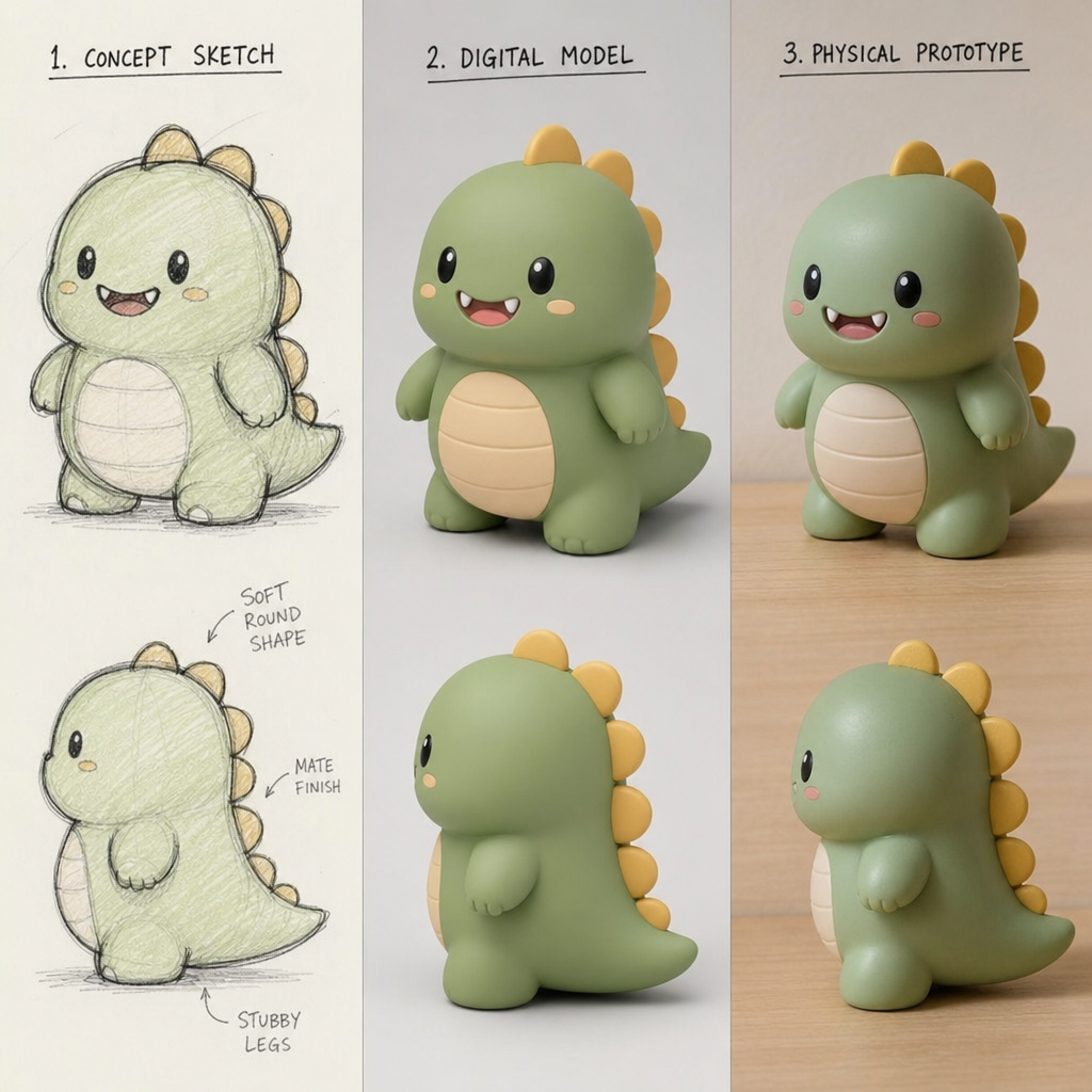 Toy-concept-sketch-beside-a-digital-model-and-physical-prototype