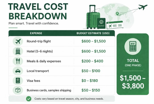 Infographic showing Canton Fair travel cost breakdown including flight, hotel, visa, meals, and total budget