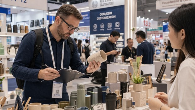 Buyer inspecting product samples at a Canton Fair booth to evaluate supplier quality and product details