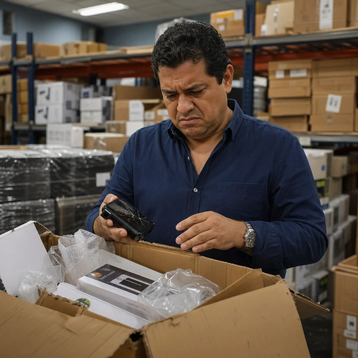 comprador latinoamericano revisando mercanc&iacute;a defectuosa de proveedor chino en Alibaba