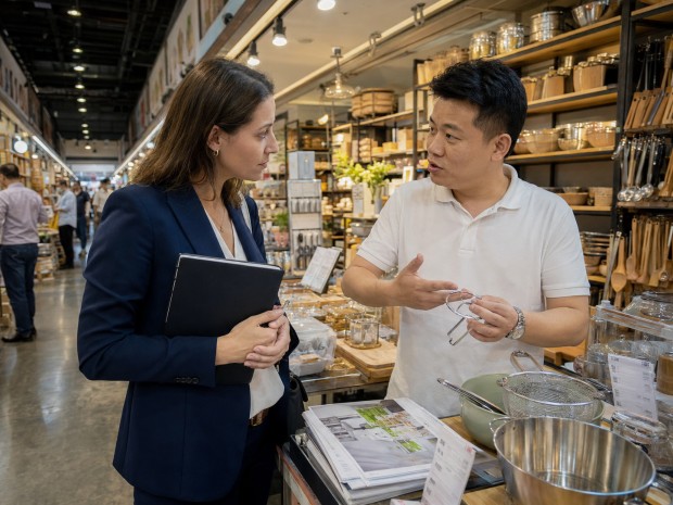 Foreign buyer evaluating products at a supplier booth inside Yiwu International Trade City