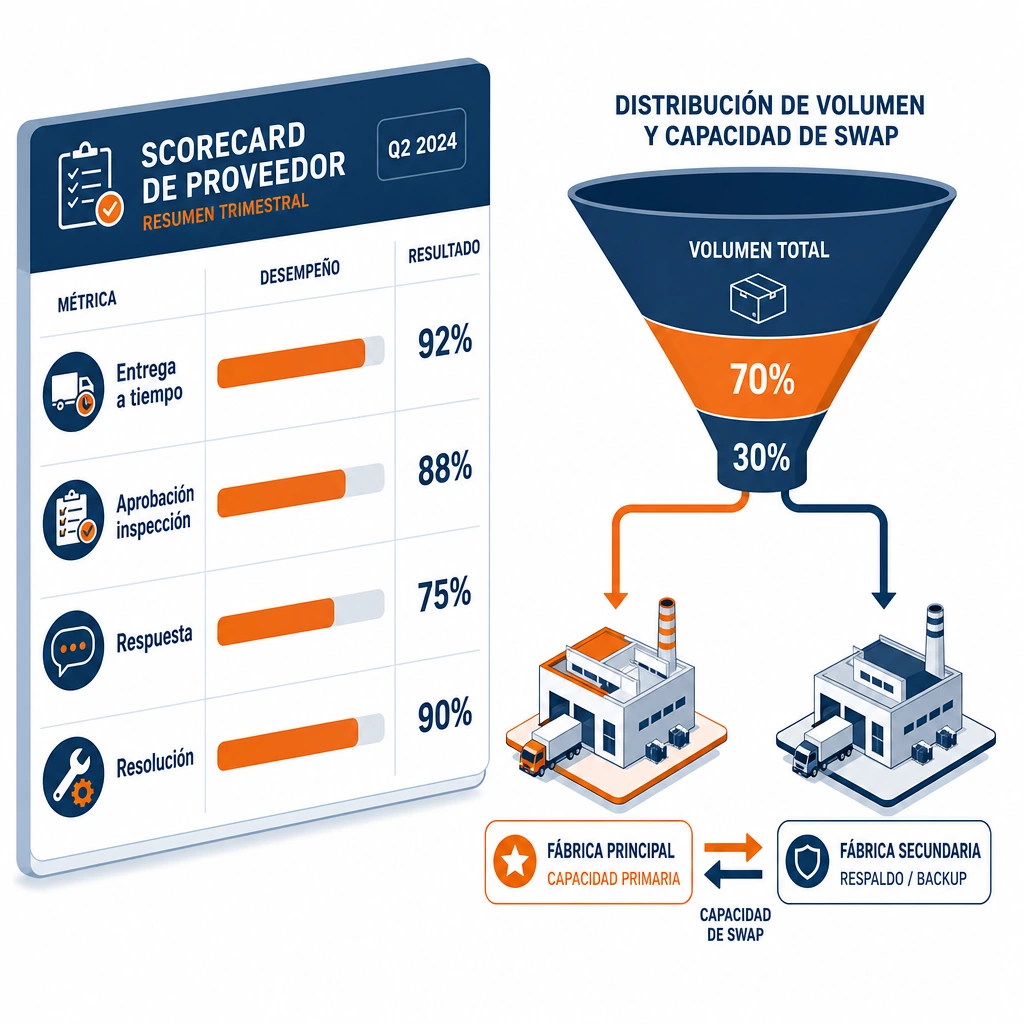 Scorecard trimestral de proveedor chino con cuatro m&eacute;tricas y modelo de respaldo 70/30 para gesti&oacute;n de riesgo de cadena de suministro