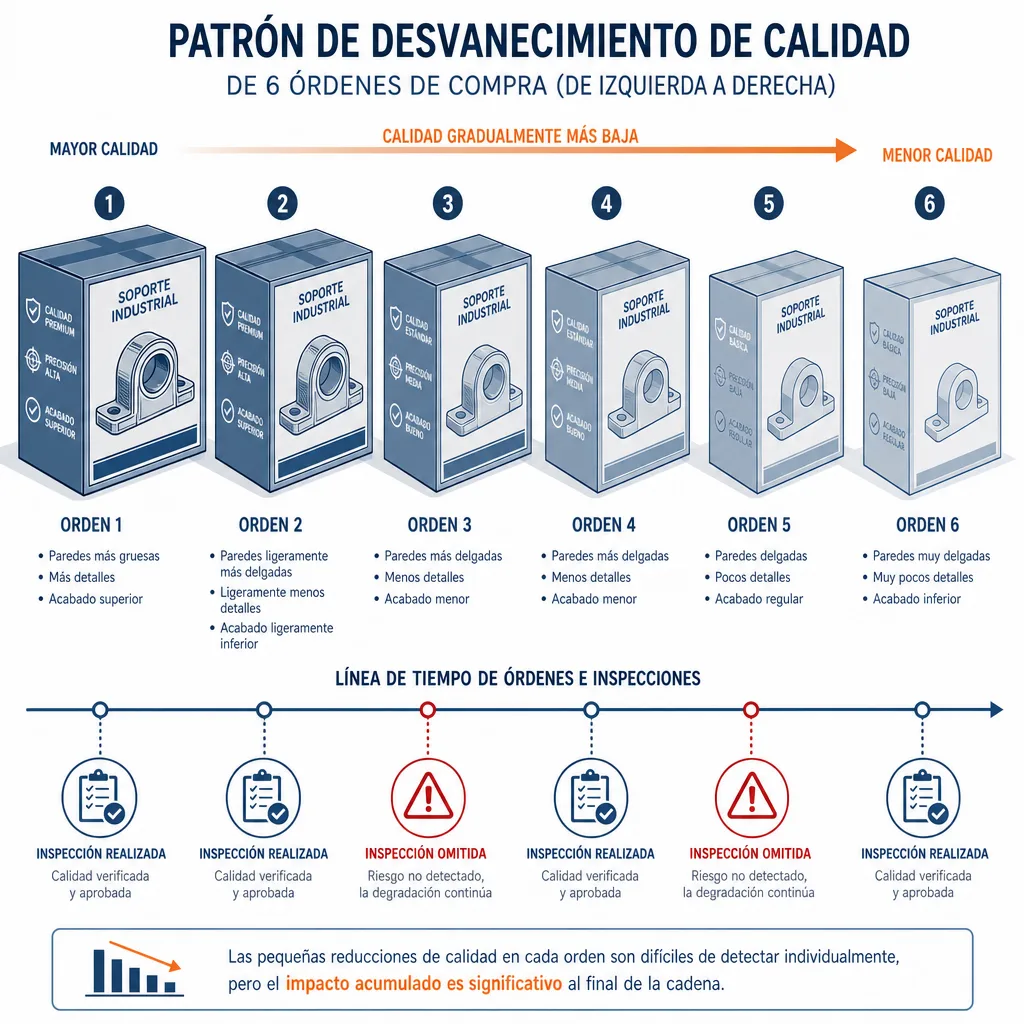 Patr&oacute;n de quality fade en seis pedidos consecutivos a proveedor chino con degradaci&oacute;n gradual de calidad del material