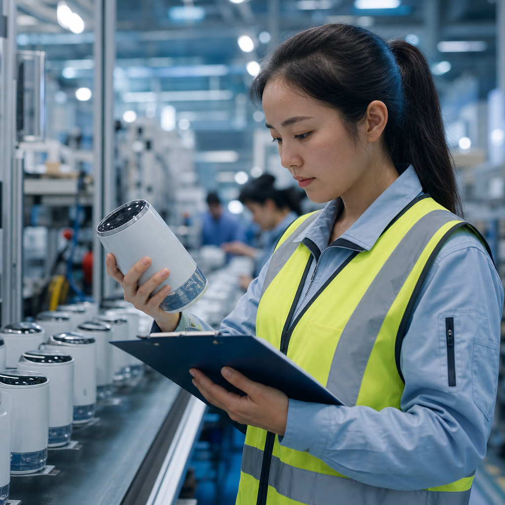 Inspector realizando control de calidad en fábrica china durante producción