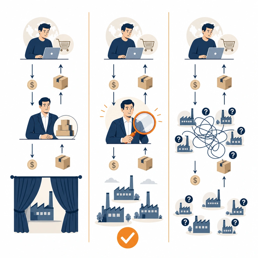 Trading company vs sourcing agent vs Alibaba structural comparison diagram
