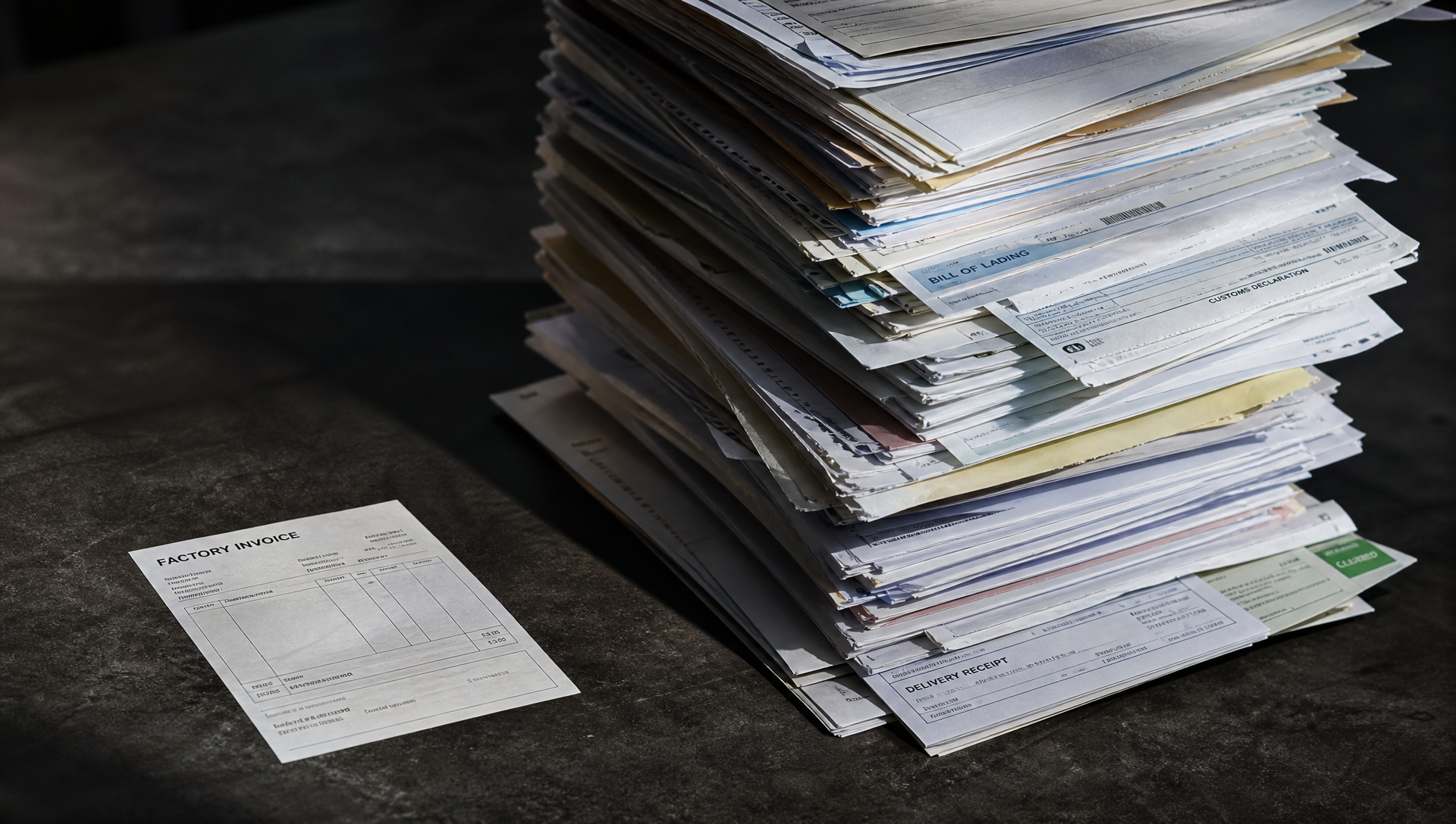 True landed cost from China shown as a small factory invoice dwarfed by stacked freight, customs, and delivery receipts