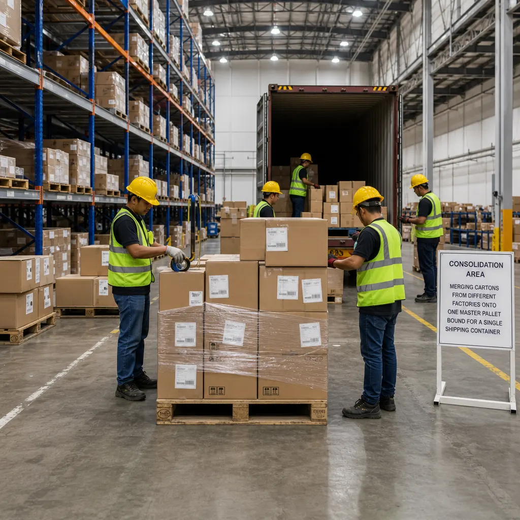 Consolidation warehouse merging multi-factory orders into one FCL container to reduce landed cost freight