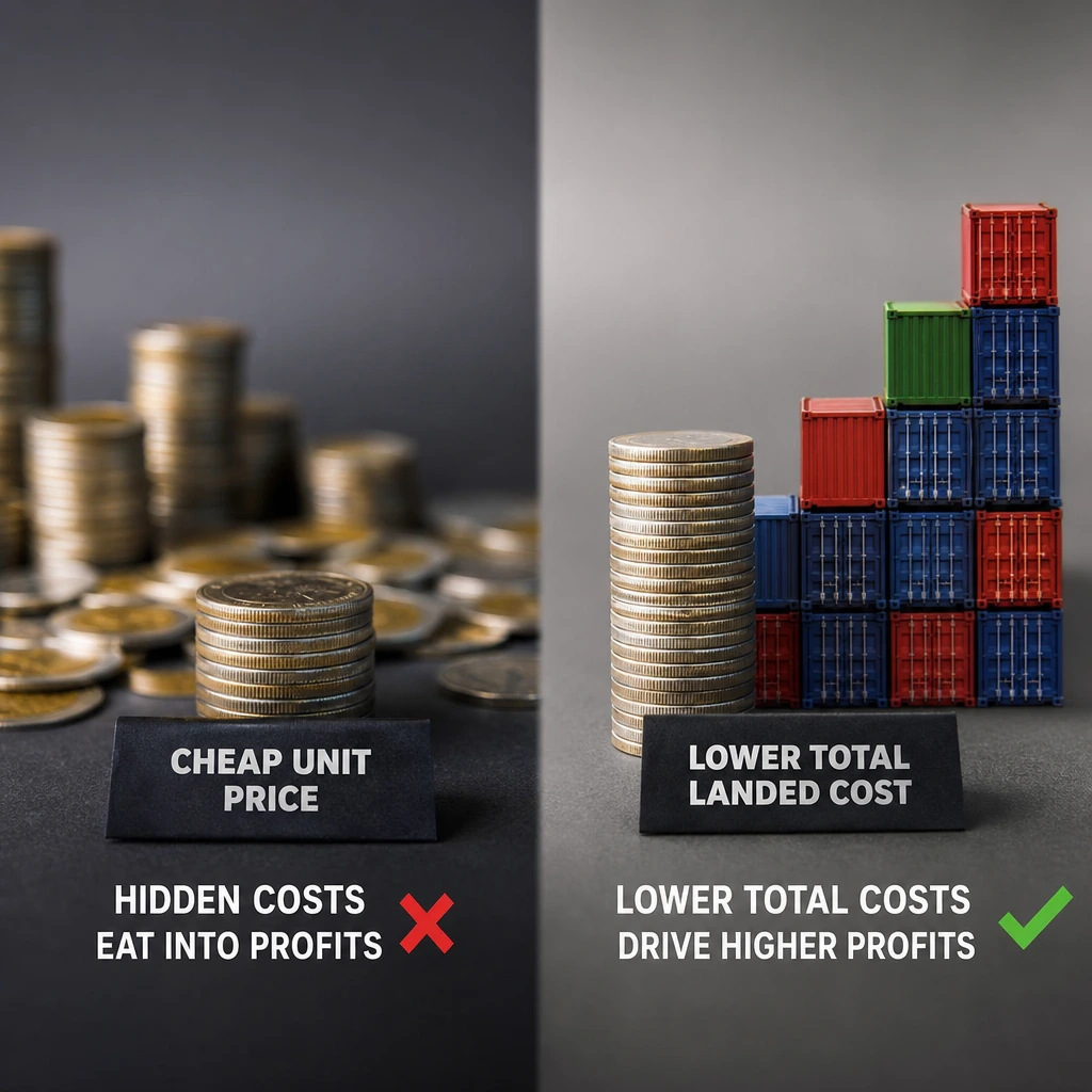 Visual contrast showing lowest FOB price versus lowest true landed cost when importing from China