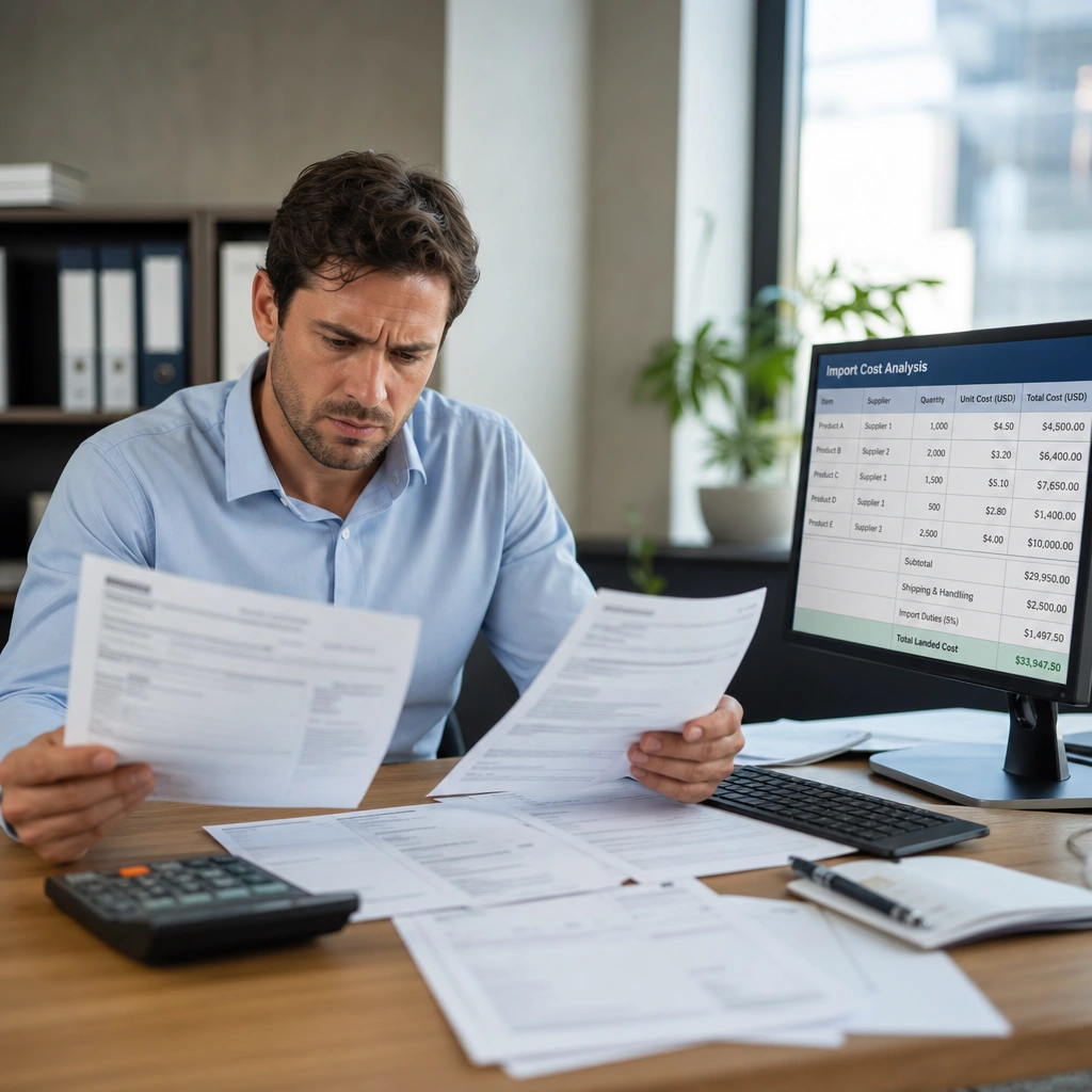 Distributor calculating landed cost importing from China while reviewing multiple supplier freight and duty invoices