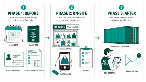3-phase Yiwu market visit checklist infographic &mdash; pre-trip, on-site, post-trip workflow