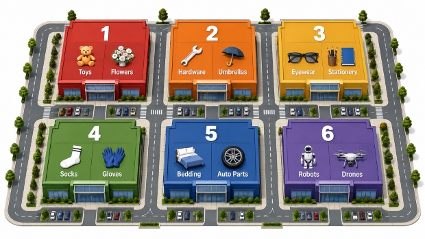 Yiwu Market 6 districts map color-coded by product category