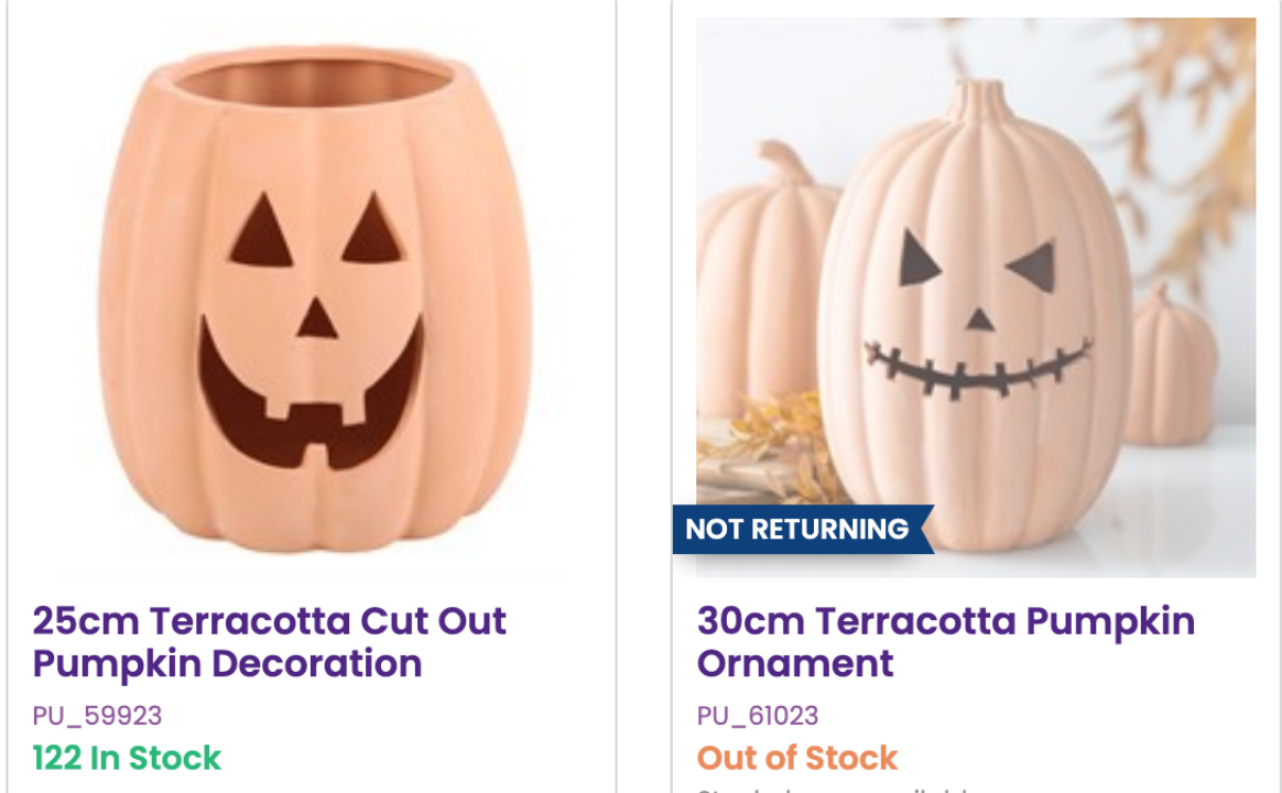 Different sizes of terra cotta pumpkins for seasonal home merchandising