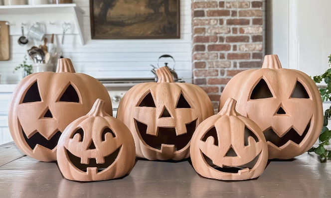 Neutral terra cotta pumpkin styling for extended fall to Thanksgiving retail display
