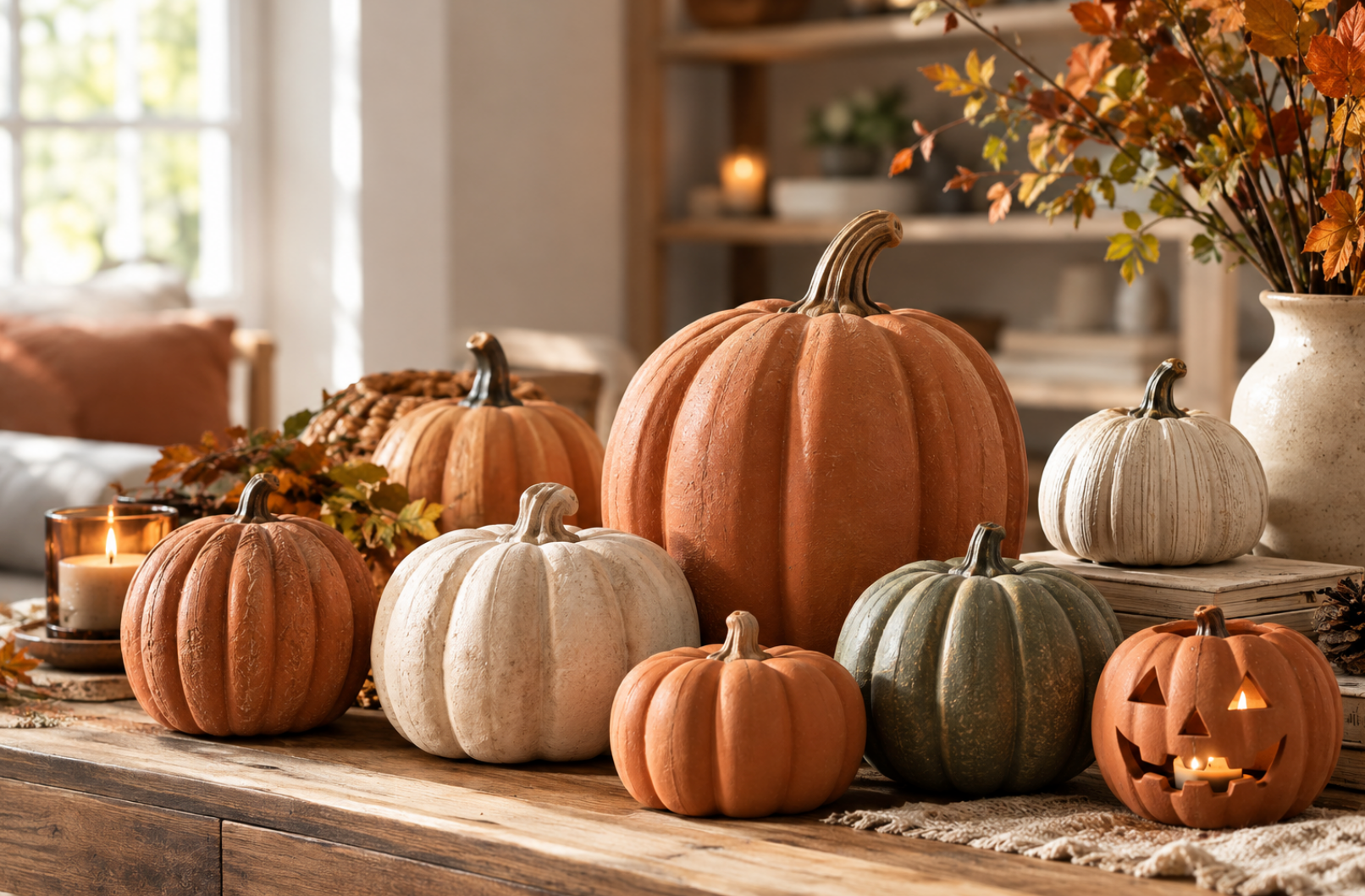Assorted terra cotta decorative pumpkins styled for fall home decor