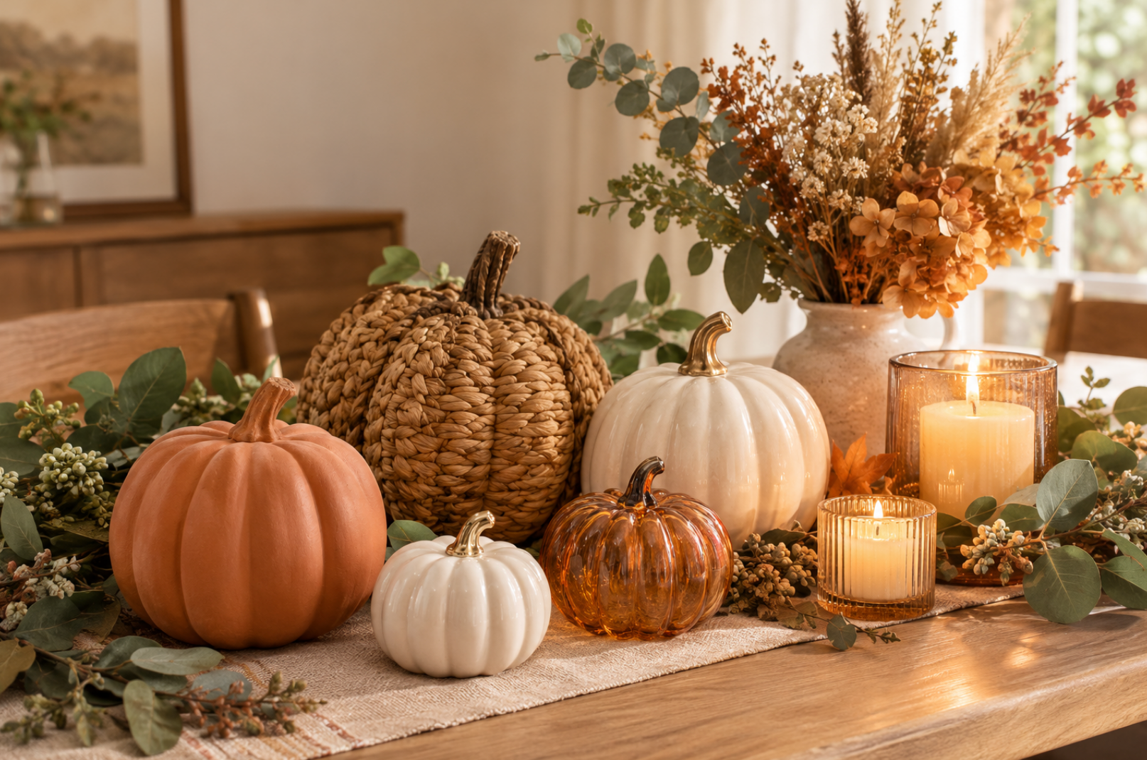 Assorted terra cotta and textured decorative pumpkins for fall retail home decor display, with candles and autumn foliage