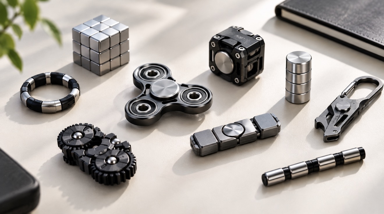 metal mechanical fidget toys collection flat lay
