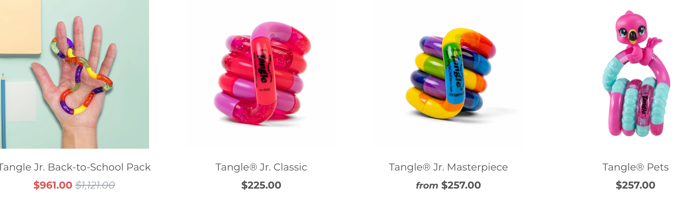tangle jr classic and masterpiece fidget toys display