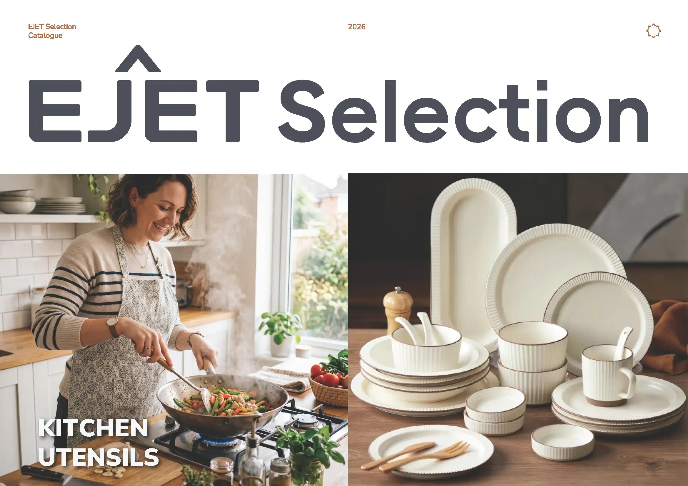 EJET Selection 2026 kitchenware and tableware catalog cover — a woman cooking in a wok beside a ribbed ceramic dinnerware set, from vetted China factories.