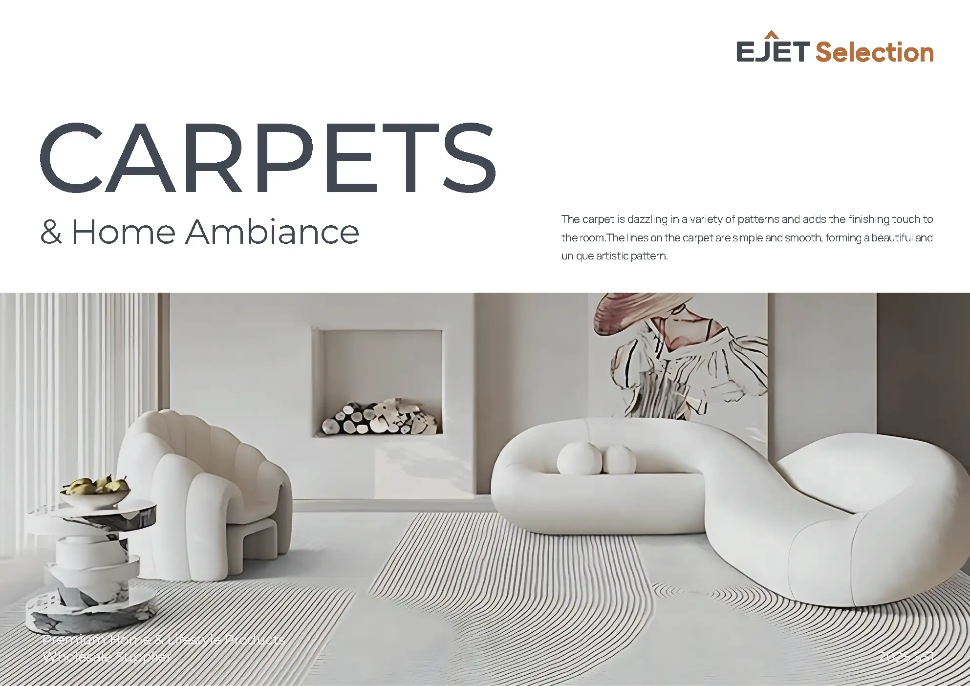 EJET Selection 2026 rugs and carpets catalog cover — a textured wavy-pattern area rug in a minimalist living room with curved white sofas, from vetted China factories.
