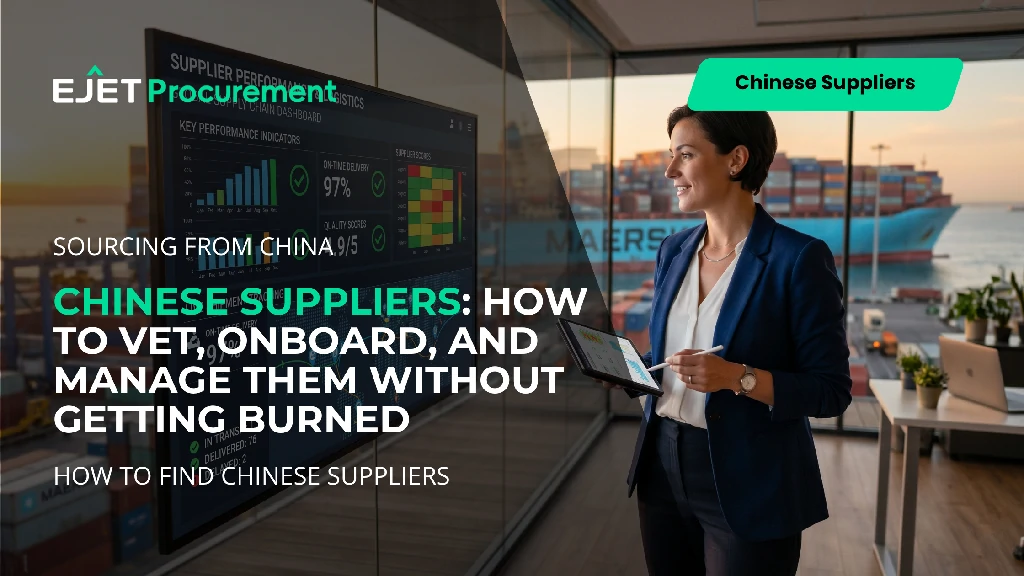 Chinese suppliers vetting and management lifecycle — procurement professional reviewing supplier quality data on digital dashboard in modern office