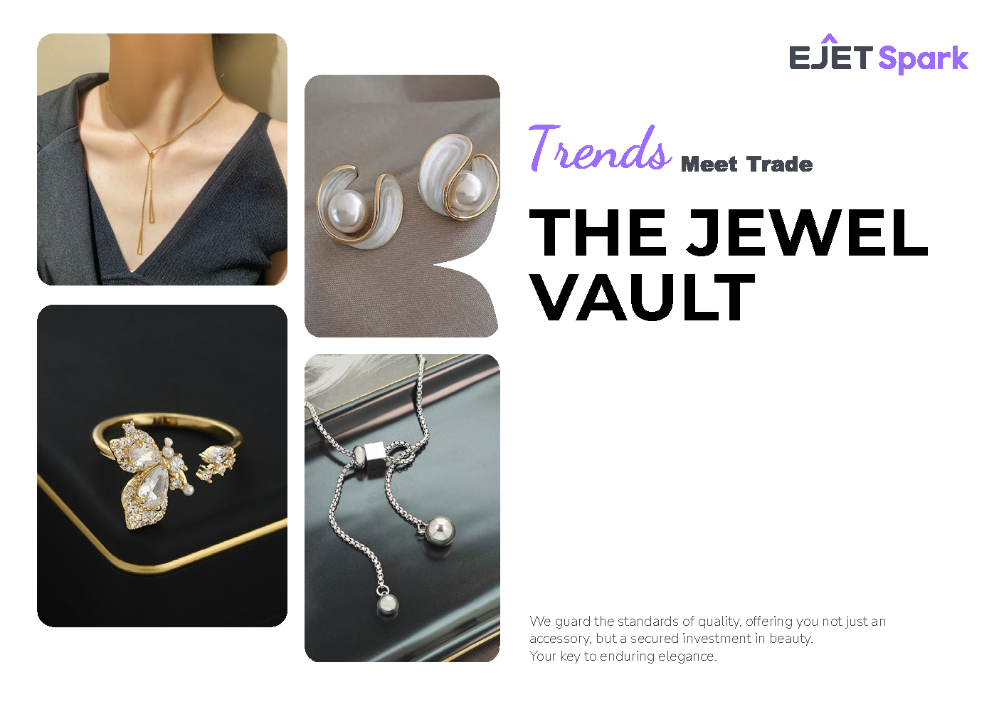 EJET Spark fashion jewelry catalog cover showing a gold Y-drop necklace, pearl studs, CZ butterfly ring, and pearl pendant