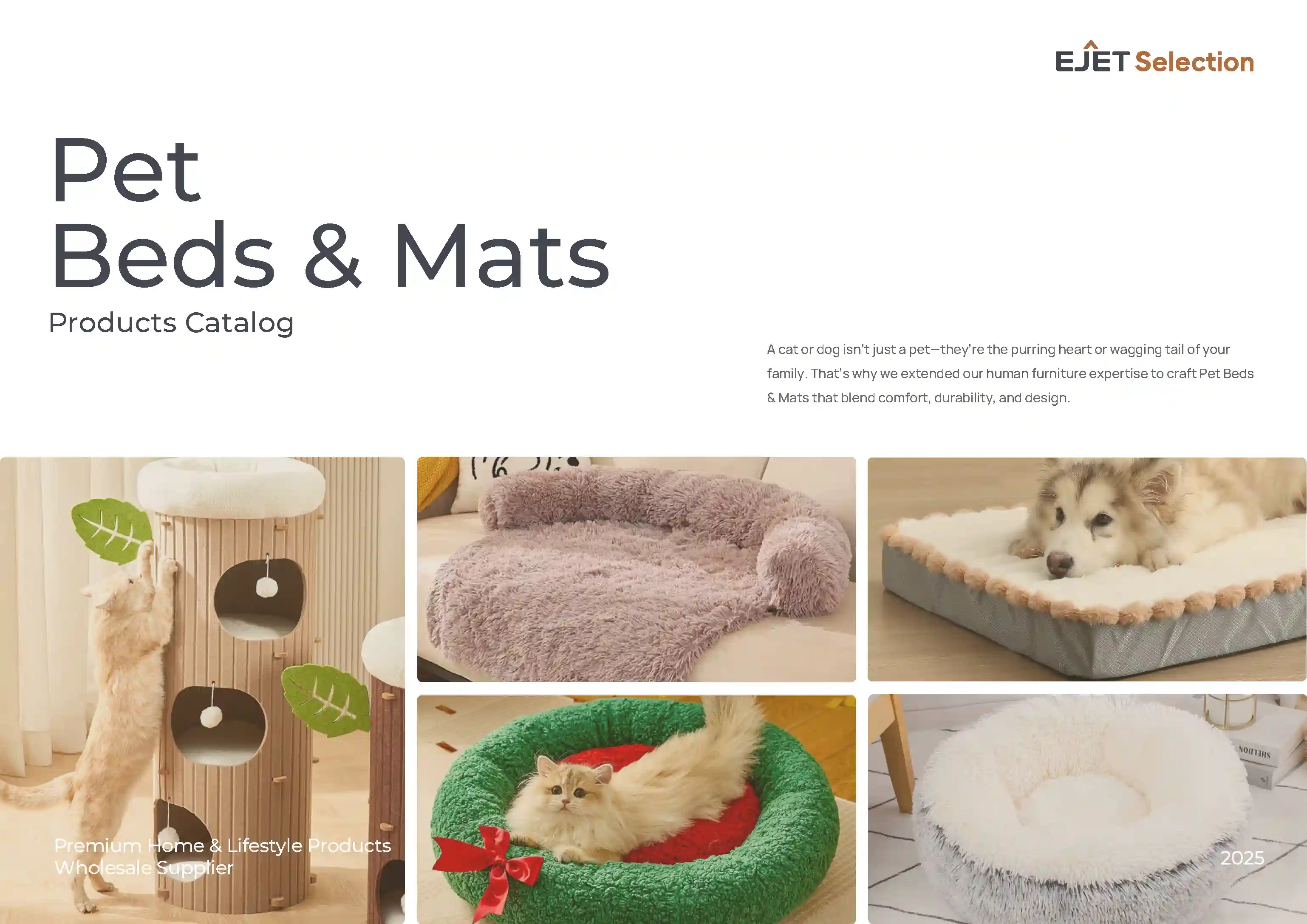 EJET Selection pet beds and mats catalog cover showing calming donut beds, sofa cover mats, and an orthopedic dog bed