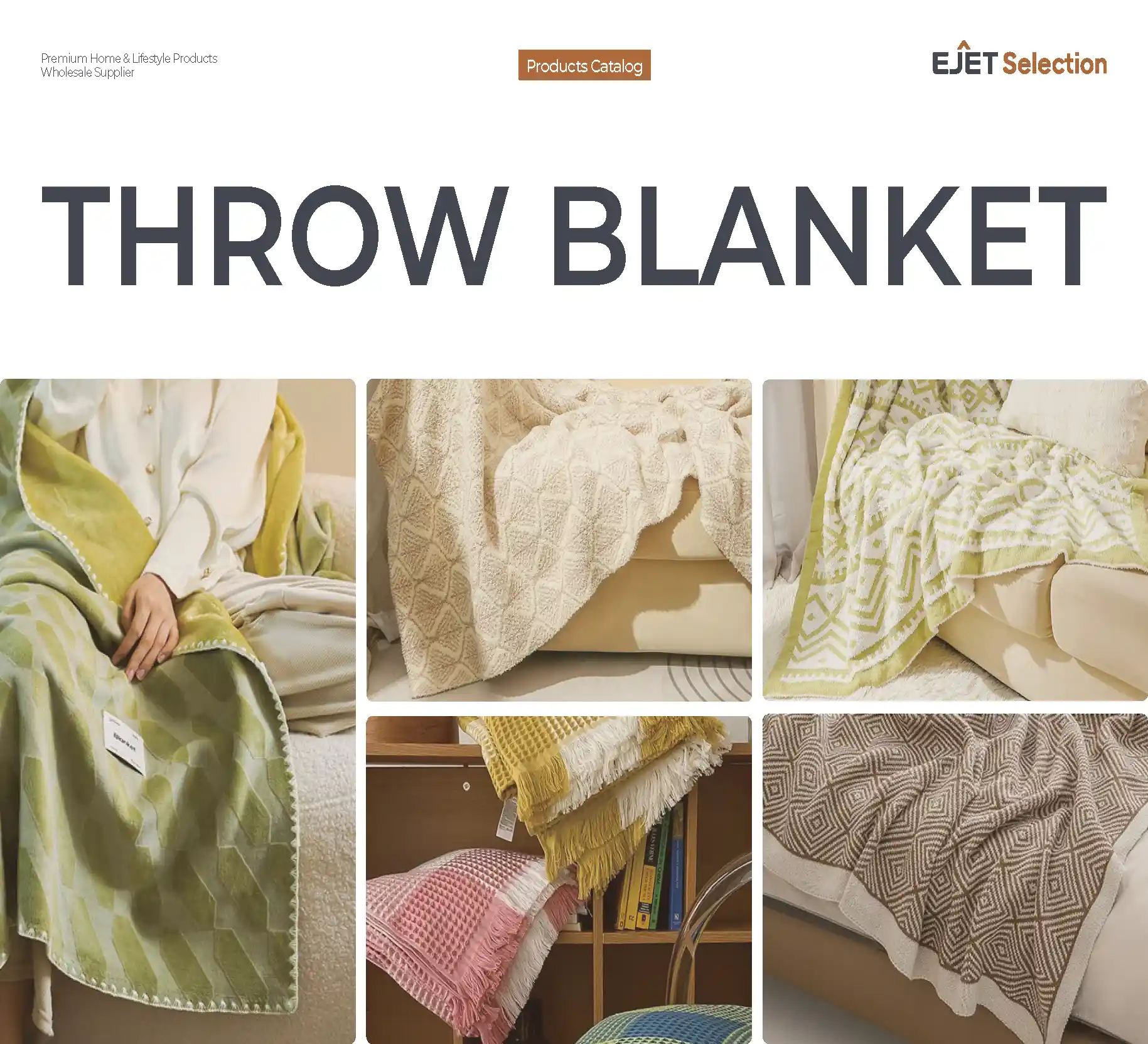 EJET Selection throw blanket catalog cover showing tufted, waffle, woven diamond, and fringed decorative throws on sofas