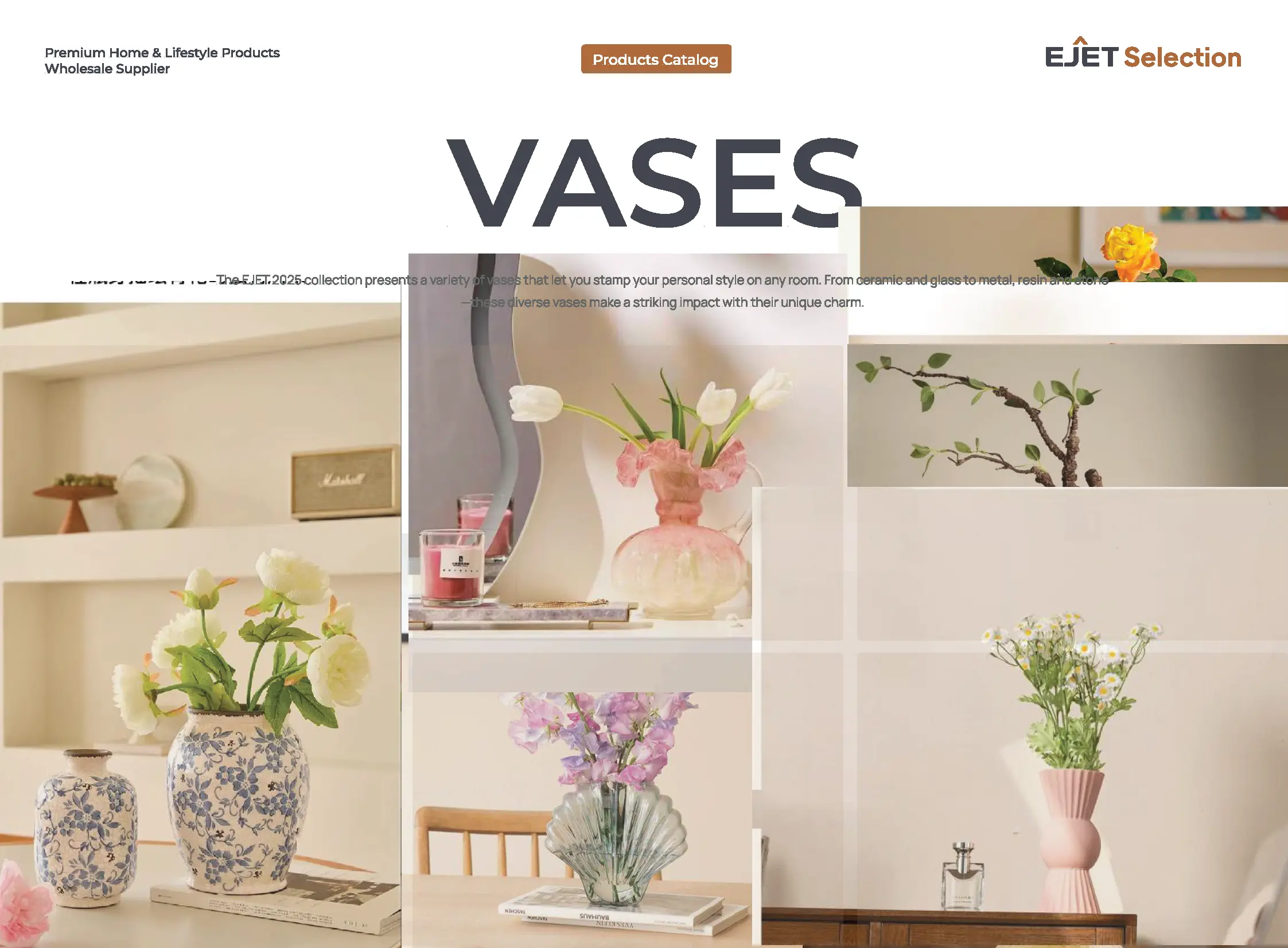 EJET Selection vases catalog cover showing ceramic, glass, and stoneware vases across blue-white, shell, and matte styles.