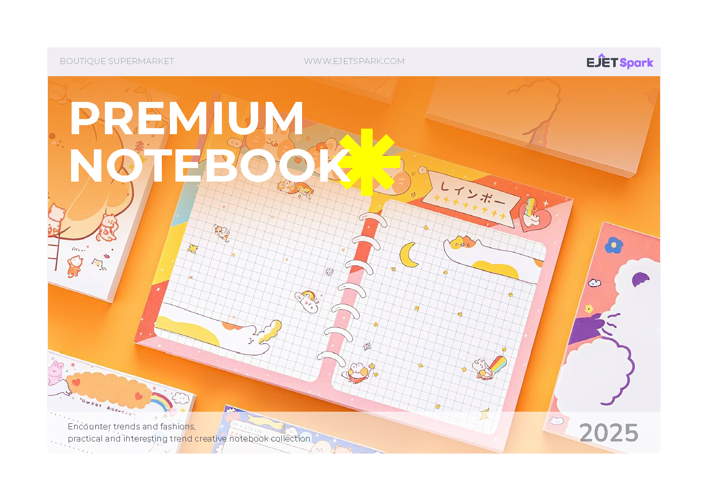 EJET Spark premium notebook catalog cover showing an open ring-bound loose-leaf journal with cartoon corgi and rainbow grid pages