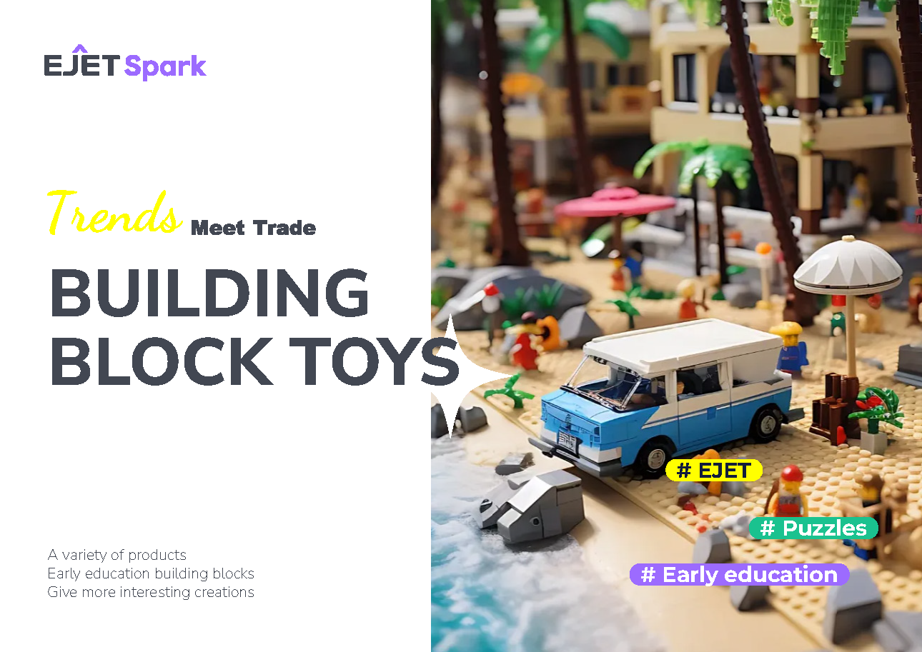 EJET Spark building block toys catalog cover showing a beach-scene brick set with a blue campervan, palm trees, and minifigures
