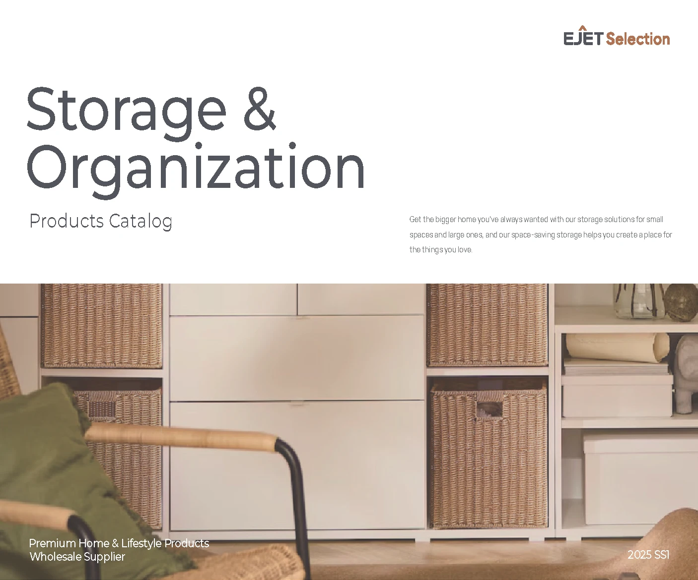 EJET Selection storage and organization catalog cover showing woven baskets, modular cabinets, and lidded storage boxes