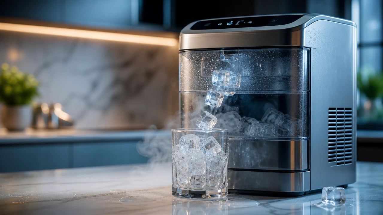 Premium portable ice maker manufacturer product dispensing crystal-clear ice cubes on a modern countertop