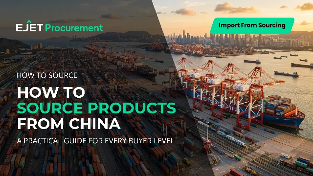 Source products from China — aerial view of a modern container port with organized cargo ready for global shipping blog banner