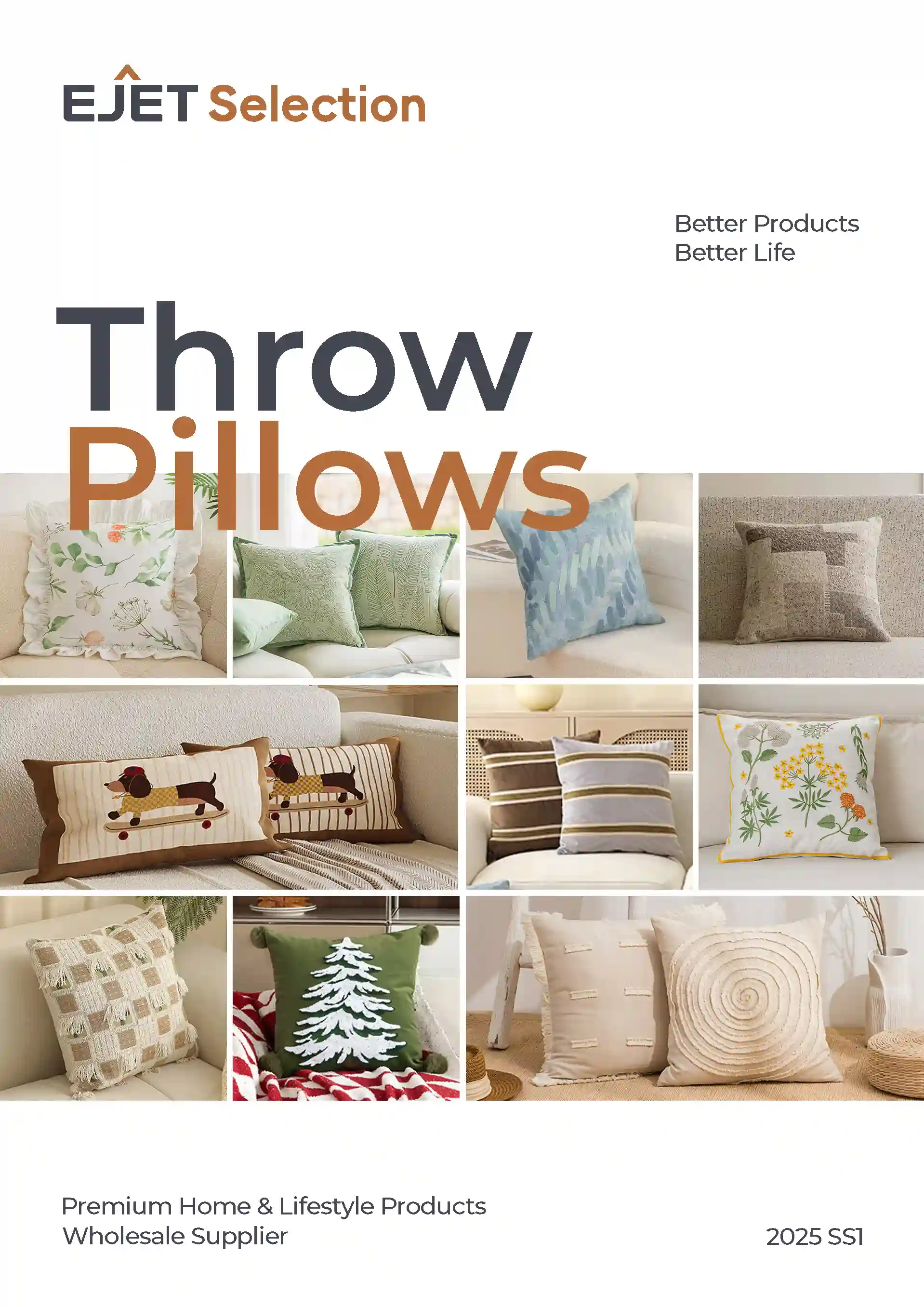 EJET Selection throw pillows catalog cover showing embroidered, tufted, striped, and novelty cushion covers on sofas