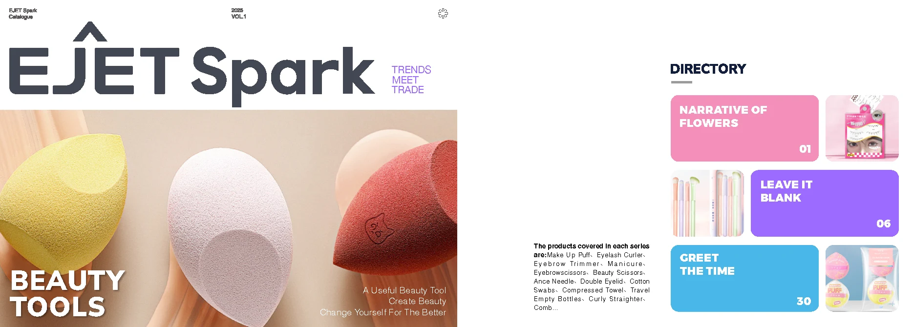 EJET Spark beauty tools catalog cover showing yellow, white, pink, and red teardrop makeup sponges in soft minimalist styling